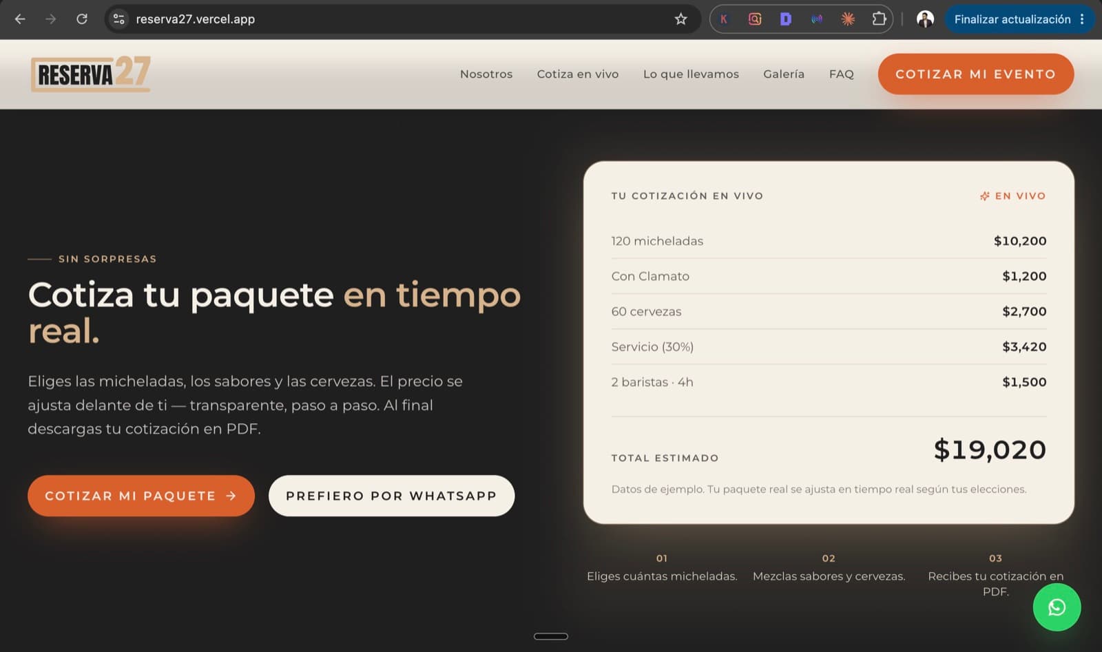 Cotizador en tiempo real del sitio web de Reserva 27 desarrollado por Antuario — el cliente arma su paquete de micheladas y ve el total actualizándose en vivo.