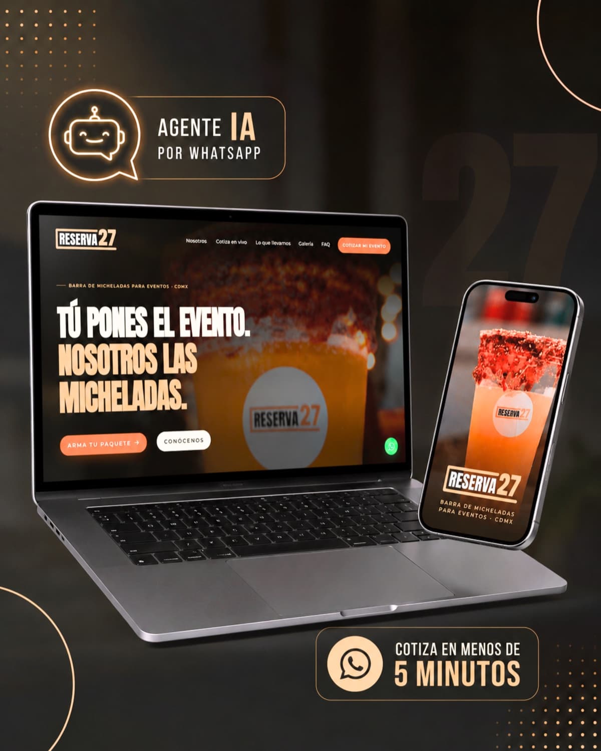 Reserva 27 — caso de éxito de desarrollo web con cotizador en vivo y agente de inteligencia artificial en WhatsApp, desarrollado por Antuario para una barra de micheladas para eventos en CDMX.