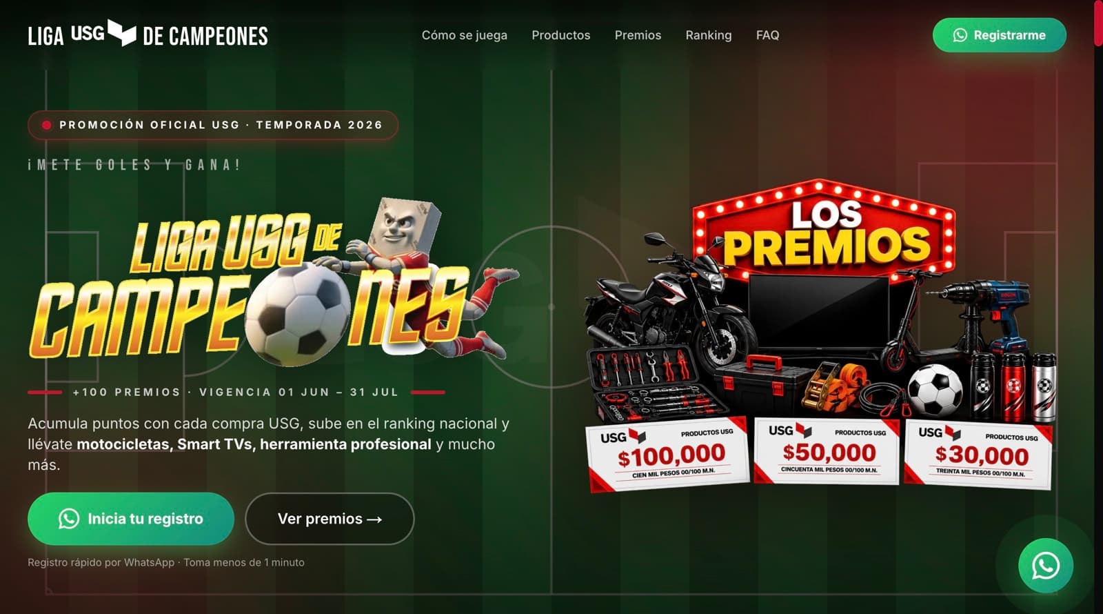 Landing de la Liga USG de Campeones desarrollada por Antuario — promoción nacional con acumulación de puntos por compra de productos USG y premios como motos, pantallas y efectivo.