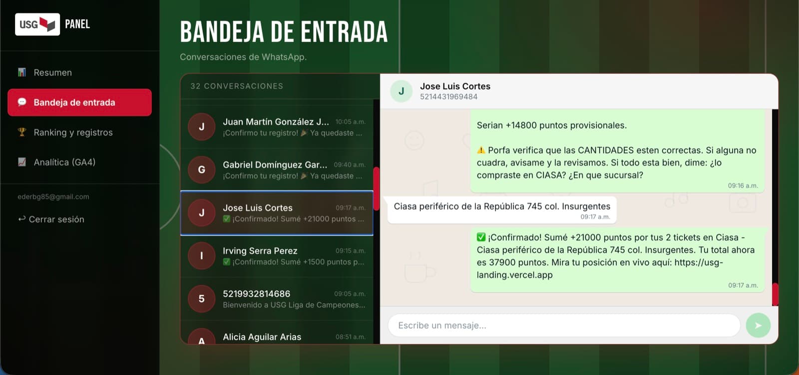 Software a la medida de USG — el cliente revisa la conversación del agente con un participante y puede intervenir cuando lo necesita, con la base de datos actualizada en tiempo real.