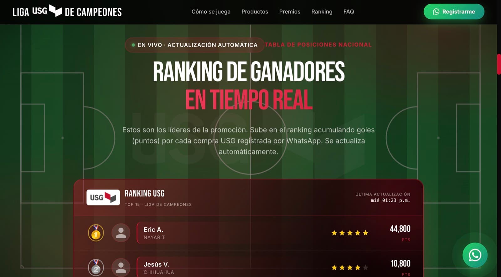 Ranking de ganadores en tiempo real de la promoción USG — tabla de posiciones nacional que se actualiza automáticamente con los puntos registrados por el agente de IA.