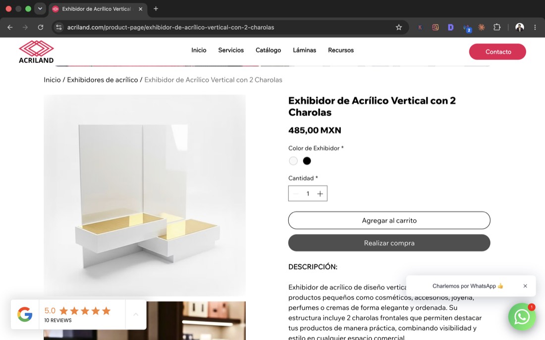 Ficha de producto y ecommerce del sitio de Acriland desarrollado por Antuario.