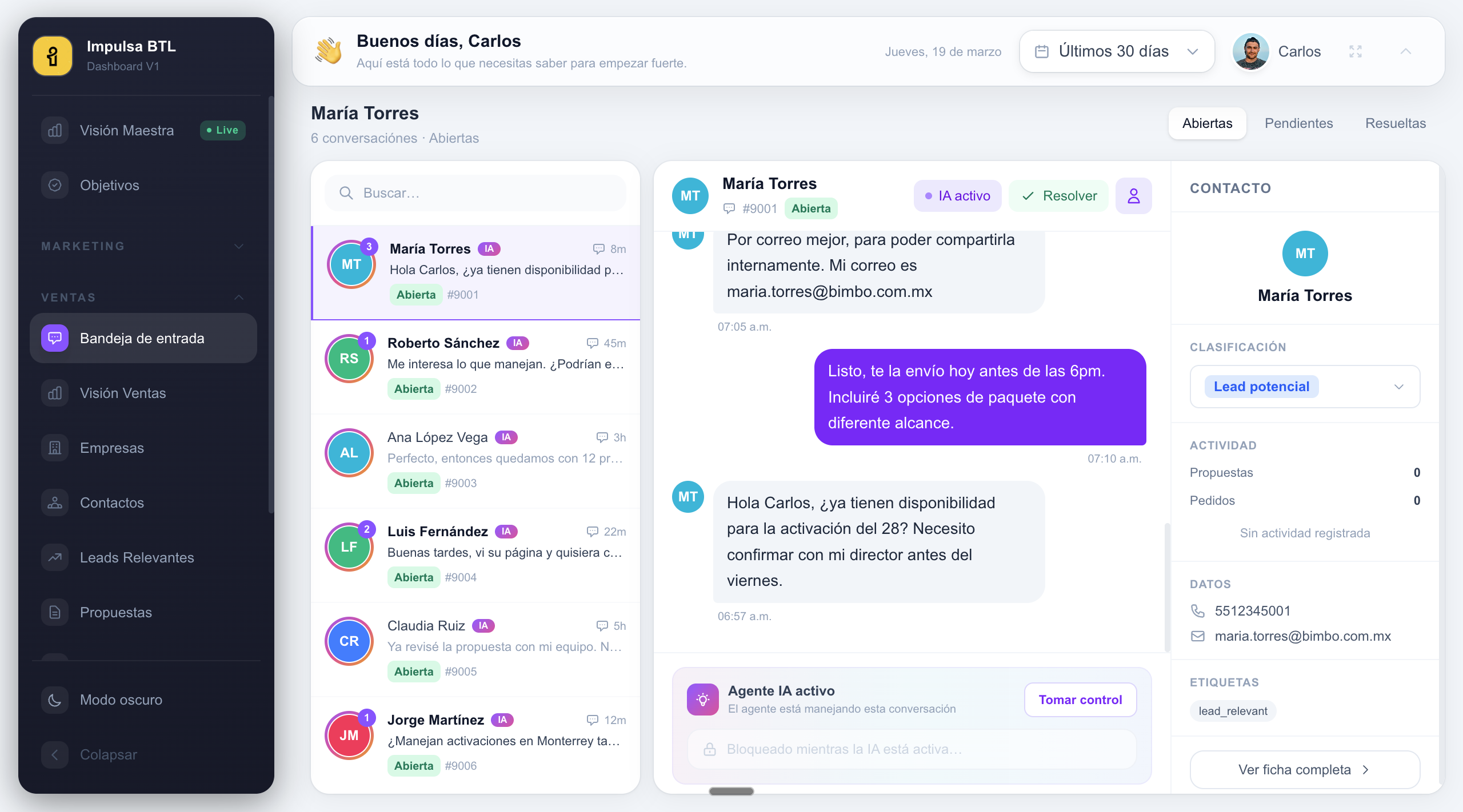 Antuario Dashboard — Bandeja de entrada con agente IA
